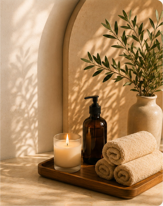 Klidné prostředí Madina Head Spa připravené pro relaxační rituál